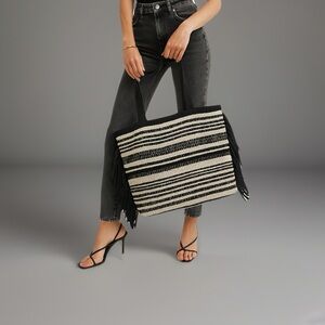 Jacquard weave large shopper bag  black white with fringe,  new with tags $ 45